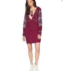 Free People All My Life Embroidered Mini Dress Boho Burgundy Tassel Tunic Small